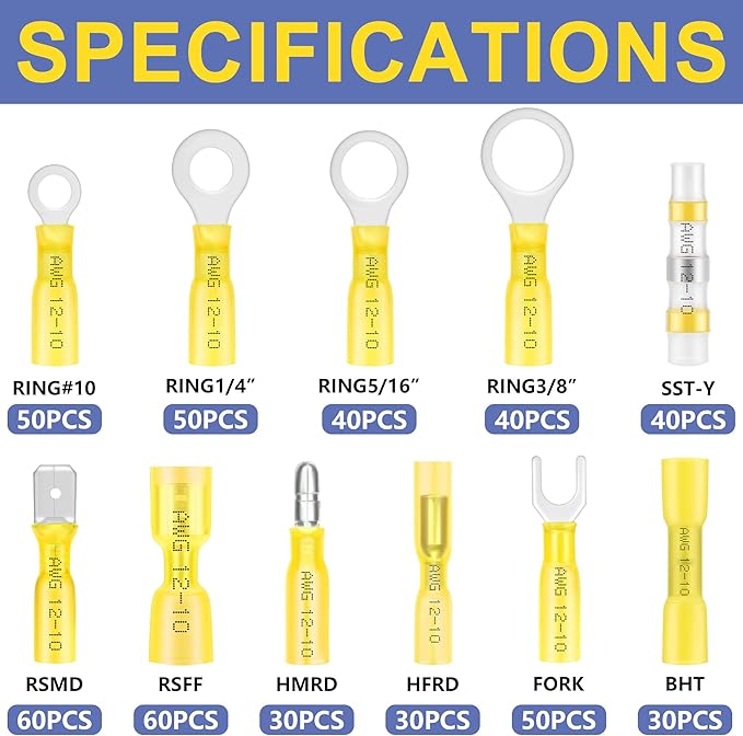 haisstronica 480PCS Yellow Heat Shrink Wire Connectors Kit,12-10 Gauge Ring Fork Spade Bullet Solder Butt Connectors (11Type)
