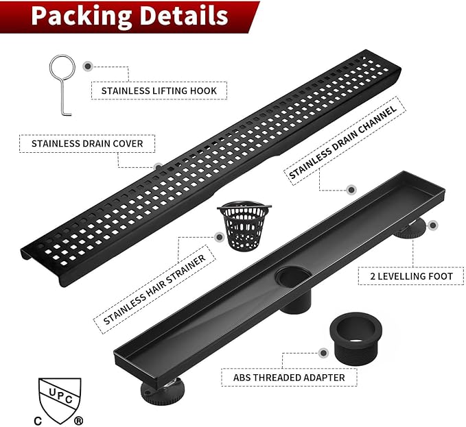 Sharp-tec Shower Drain, 28 inch Linear Shower Drain, Matte Black 304 Stainless Steel Rectangular Shower Floor Drain with Adjustable Leveling Feet, Hair Strainer, cUPC Certified, ST-112-28B