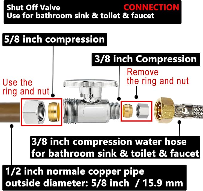 (4 Pack) Lidertik 5/8 inch Compression (1/2 inch Normal Pipe) Straight Stop Valve 1/2 inch x 3/8 inch Compression for Water Sink Toilet Bathroom Sink Brass Plated Chrome 1/4 Turn Valve JF-COMP-S(4PCS)
