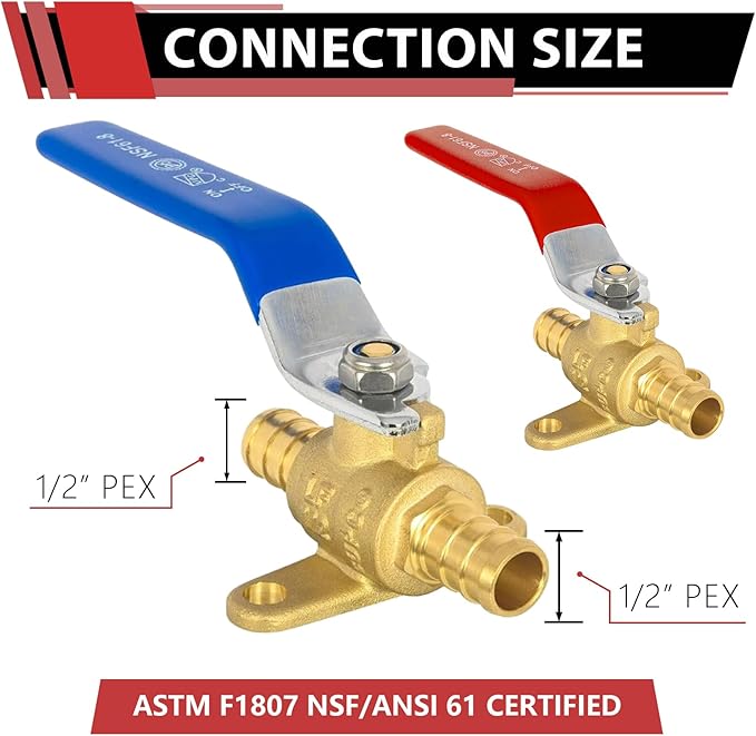 2-Pack EFIELD 1/2-inch Crimp Pex Brass Full Port Shut-off Ball Valve with Drop-ear, Red and Blue Levels, ASTM F1807 (2, 1/2-inch),(VALVE211)
