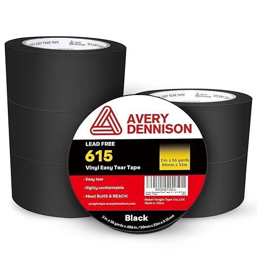 Avery Dennison Duct Tape, Heavy Duty PVC Easy Tear Tape, Strong Adhesive Waterproof Duct Tape for Indoor Outdoor Repairs, 2 in x 36 Yard, Black, 6 Rolls