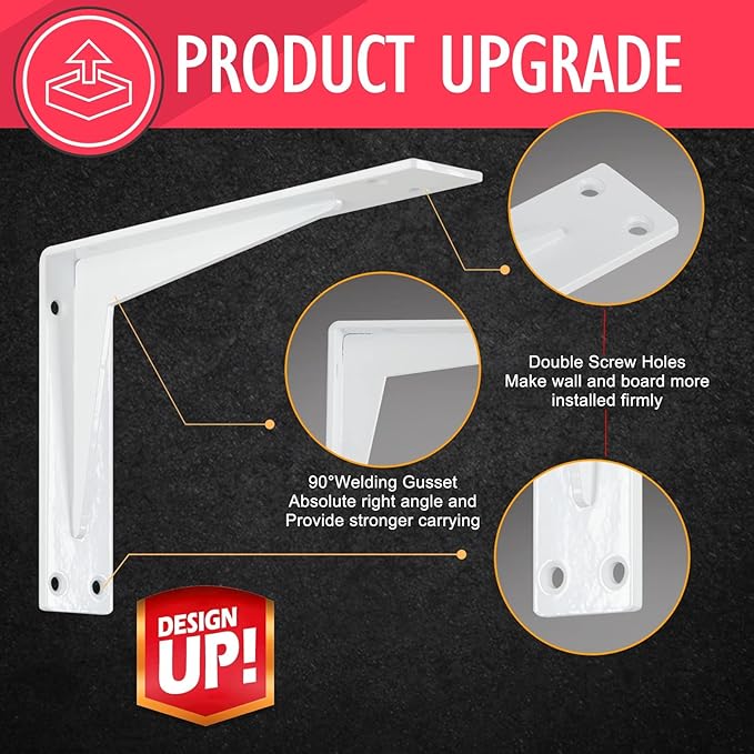 CLT White Shelf Bracket, 6” Quarter Inch (1/5") Thick- Max Load: 220 lb Industrial Modern Farmhouse Heavy Duty Corner Brace Joint Right Angle Bracket for Table Bench, Space Saving DIY, Pack of 4