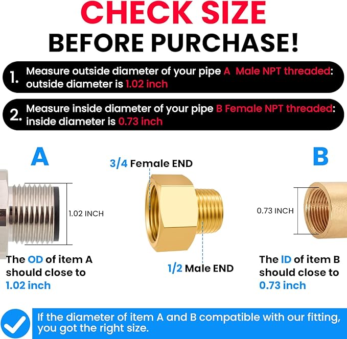 SDTC Tech 2-Pack Brass Pipe Fitting 1/2 NPT Thread Male to 3/4 NPT Thread Female Reducer Adapter, Brass Pipe Extension Connectors
