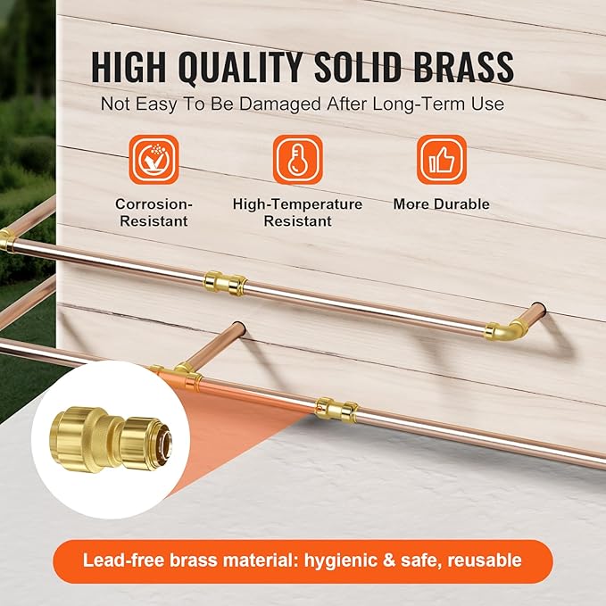 VEVOR Pipe Fittings, 1/2"-3/4" 12PCS Brass Pipe Fittings, Straight-Through Push-Fit Pipe Connector Brass Air Fittings, Heavy Duty Plumbing Fittings Adapter for Heating/Shower Systems,Water Pipes