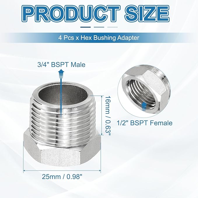 PATIKIL 304 Stainless Steel Reducer Hex Bushing 2 Pcs, 3/4" BSPT Male to 1/2" BSPT Female Pipe Reducing Adapter Fitting Connector for Water Gas Hydraulic Pipes Shower Hose, Silver
