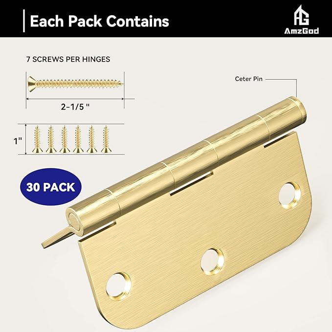 Door Hinges Satin Brass - 30 Pack Gold Door Hinges 3.5 Inch Rounded Interior Door Hinge with 5/8" Radius - 3 1/2 Inches Flat Iron Brass Hinges for Residential Standard Doors