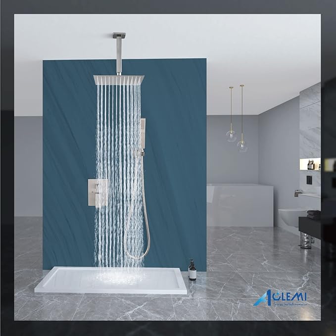 Aolemi Shower Faucet Set Ceiling Mount Shower System Rough-in Valve and Shower Trim Kit 10 Inch Shower Head Single Handheld Spray Square Knob Brushed Nickel