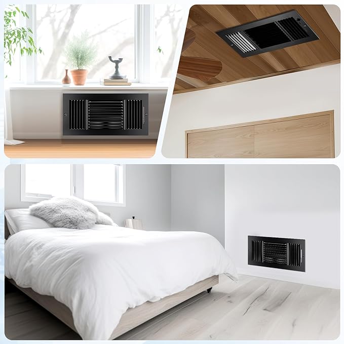 2 Pcs Black 14 x 6 Inch Three-Way Ventilation Register Air Ceiling Vent Cover Floor Register Metal Heat Vent Covers with Rust Proof for Wall Ceiling Home Bathroom Toilet or Office