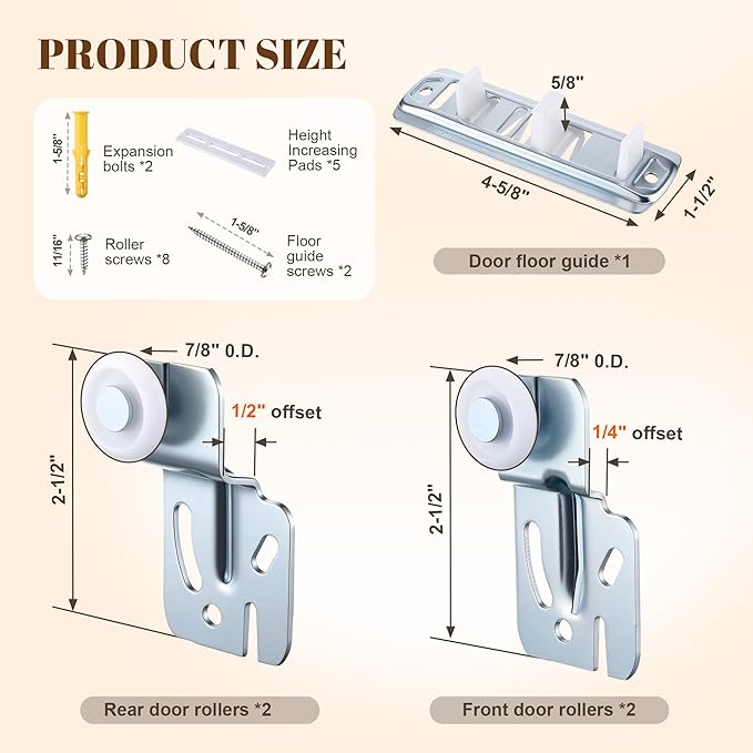 Feekoon 6 Pcs Sliding Closet Door Hardware Kit, Closet Door Rollers with Adjustable Floor Guide & Heightening Pads, Wardrobe Rollers Replacement for 3/4" to 1-3/8" Thick Top Hung(Square)