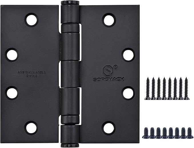 Matte Black Heavy Duty Door Hinge 4.5 X 4.5 Inch Ball Bearing Commercial Hinges Square Corners Interior and Exterior Hardware for 4-1/2 Doors Hinge Grade ANSI/BHMA A156 Grade 1.