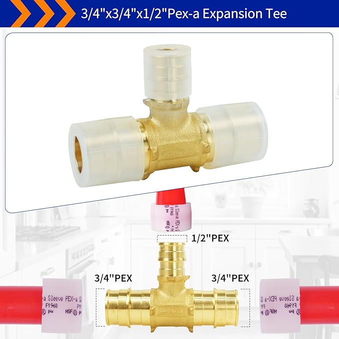 (Znkiok 10Pack) Pex A Expansion Fittings,3/4"x1/2"PEX-A Coupling,Long Service Life,Lead-Free Brass,NSF,UPC,ASTM F1960. (3/4"x3/4"x1/2"PEX-A Tee-10Pack)