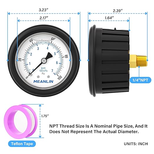 MEANLIN MEASURE 0~100Psi Stainless Steel Liquid Filled Pressure Gauge 1/4" NPT 2.5" FACE DIAL with Rubber Protective Sleeve, Center Back Mount