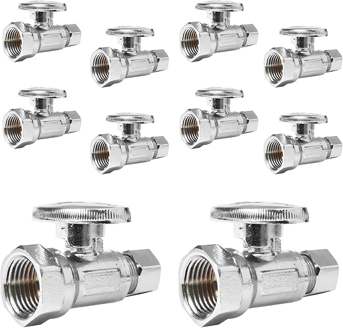 10-PCs HeSun Straight Stop Valve, 1/2" FIP X 3/8" OD Compression, 1/4 Turn Shut Off Valve, Chrome Plated Brass(VALVE057-10)