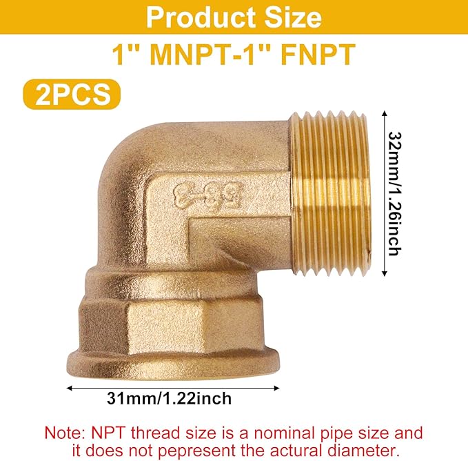 2pcs Brass Pipe Fitting 90 Degree Elbow 1" NPT Male to 1" NPT Female Pipe Fittings