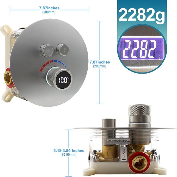Round Digital Display Shower Valve 2 Way Shower Mixing Valve Concealed Installation Can Use All the Time Brushed Nickel