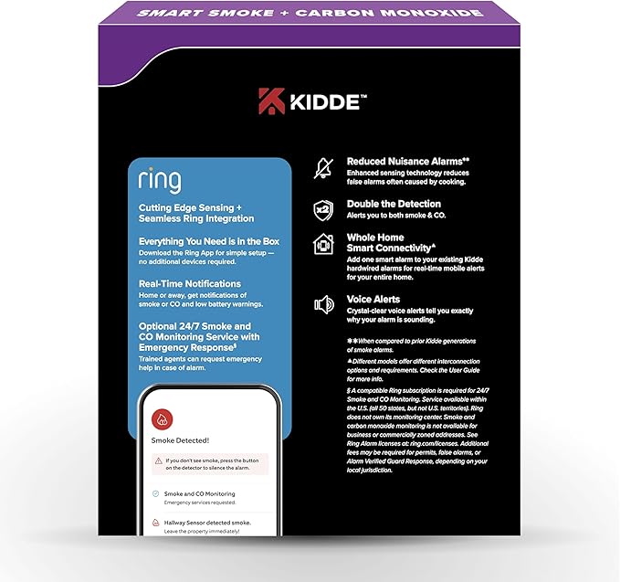 Kidde Smart Smoke and Carbon Monoxide Detector, Ring App Enabled for Real-Time Notifications, Hardwired Alarm, AA Backup Battery