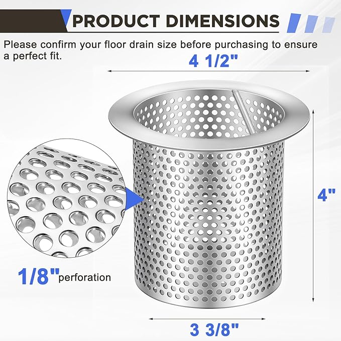 4" Diameter Commercial Floor Drain Strainer 4" Tall Perforated Cylindrical Mesh 316 Stainless Steel Drain Basket with Carry Handle –Heavy-Duty, for Restaurants, Kitchens, Factories