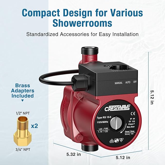 CrestWave Hot Water Recirculating Pump, 125W 115V Automatic Circulation Pump for Water Heater, Dual Control Modes for Domestic Hot Water Recirculating System