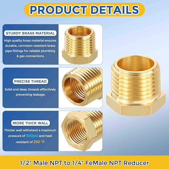 10 Pack Brass Pipe Fittings, 1/2" Male NPT to 1/4" FeMale NPT Brass Hex Bushing Reducer, Hose Tube Threaded Adapter Suitable for Air, Oil, LP, Gas