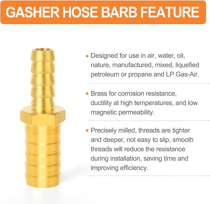 GASHER 10 Pieces Brass Hose Barb Reducer, 1/4 Inch to 1/8 Inch Barb Hose ID with 20 Hose Clam, Brass Barb Reducer SPLICER Fitting Fuel/AIR/Water/Oil/Gas/WOG