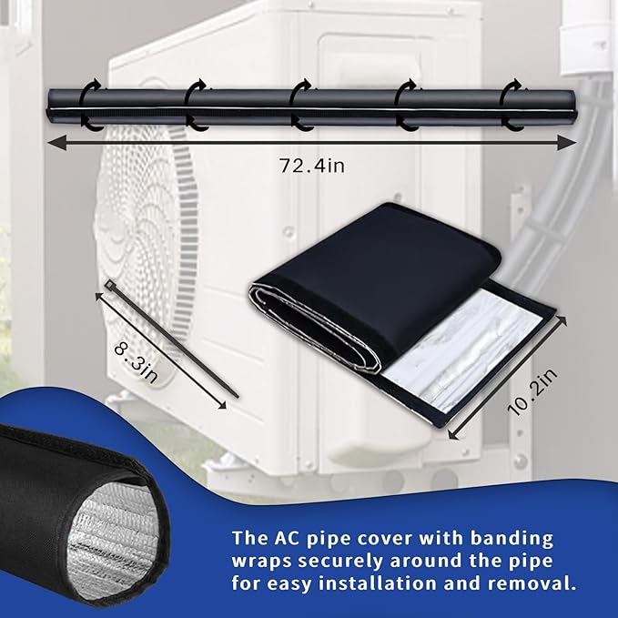 72x10.2 Inch HVAC Line Set Cover, 600D Oxford AC Pipe Insulation for Outdoor, 3-Layer Flexible Copper Tube Insulation Sleeve for Central Air Conditioning and Mini Splits