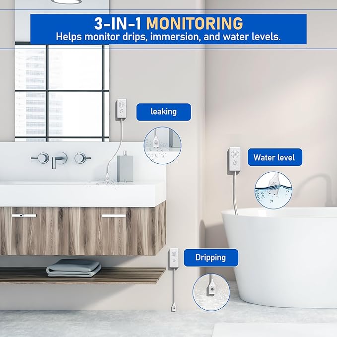 BSEED WiFi Water Leak Detector, Smart Water Sensor with Cable, 85dB Audio/App/SMS/Email Alarm, Rapid Leak Detection for Home, Kitchen, Bathroom, Basement, IP65 Waterproof, No Hub Required,1 Pack