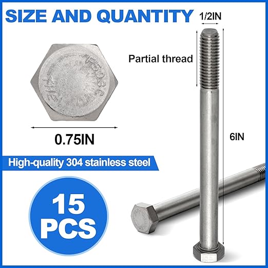 15 Pack 1/2-13 x 6'' Hex Head Cap Screw Bolt 304 Stainless Steel Half Thread External Hex Drive Screw Bolt Fastener for Wet Outdoor Metal Framing Concrete Reinforcement Railing Trellises