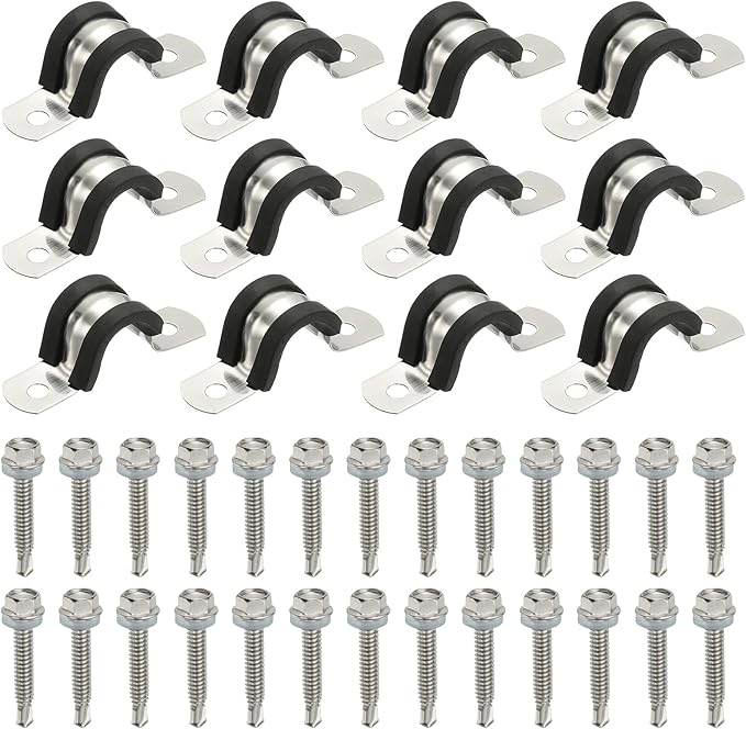 PATIKIL 12Pcs Pipe Clamps, 1/2 Inch 304 Stainless Steel Rubber Cushioned U Bracket Conduit Clamps Pipe Strap Wire Clips with Hexagonal Screw for Tube Hose Cord Installation, 12mm