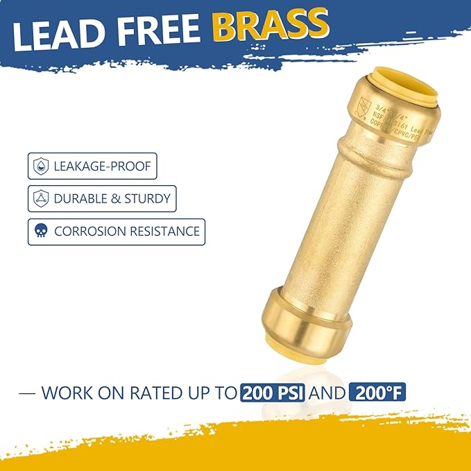 Slip Coupling,3/4 Inch Push-fit Slip/Repair Coupling with Disconnect Clip, 3/4" Push Fittings for Copper, PE-RT, CPVC Pipe(Pack of 10)