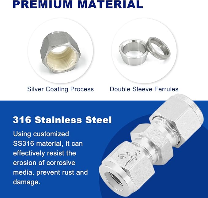 316 Stainless Steel Compression Tube Fitting 3/4" OD x 3/4" OD Straight Union Adapter Connector with Double Ferrules for Oil, Chemical, and Natural Gas Connections