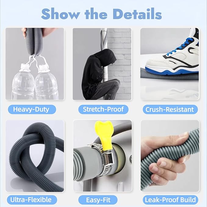 10FT Universal Washing Machine Drain Hose Kit – Extra-Long Flexible Corrugated Extension for Washer/Dishwasher/Dehumidifier | 7-Pack: U-Bend Bracket, 4 Stainless Clamps + Adapter