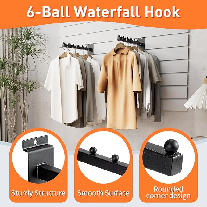 12 Inch Waterfall Slatwall Display Hooks with 6 Balls, Heavy Duty Tube Slat Wall Hanger, Slatwall Accessories for Retail Display, Clothing, Bags, Accessories(6 Pack)