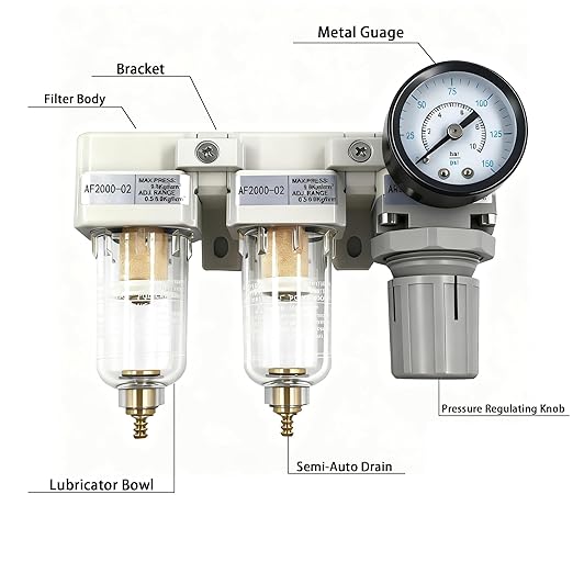 XingNEeng 1/4" NPT Compressed Air Filter Regulator Lubricator (FRL) Unit, Double Water/Oil Trap Separator, Gauge(0-150 psi), Manual Drain Air Compressor Water Separator, Poly Bowl, Metal Bracket