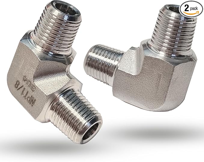 2pcs 90 Degree Street Elbow, 304 Stainless Steel Forged Barstock Street Elbow Adapter, Heavy Duty 1/8" NPT Male x 1/8" NPT Male Pipe Fitting Connector, 5800PSI (1/8" MNPT x 1/8" MNPT)