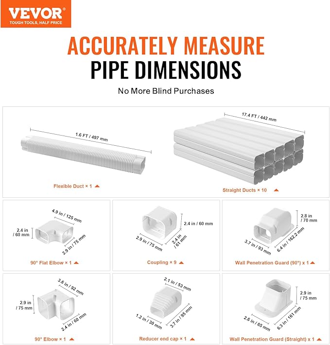 VEVOR Mini Split Line Set Cover 3-inch W 17.7Ft L, PVC Decorative Pipe Line Cover for Air Conditioner with 10 Straight Ducts & Full Components Easy to Install, Paintable for Heat Pumps, White
