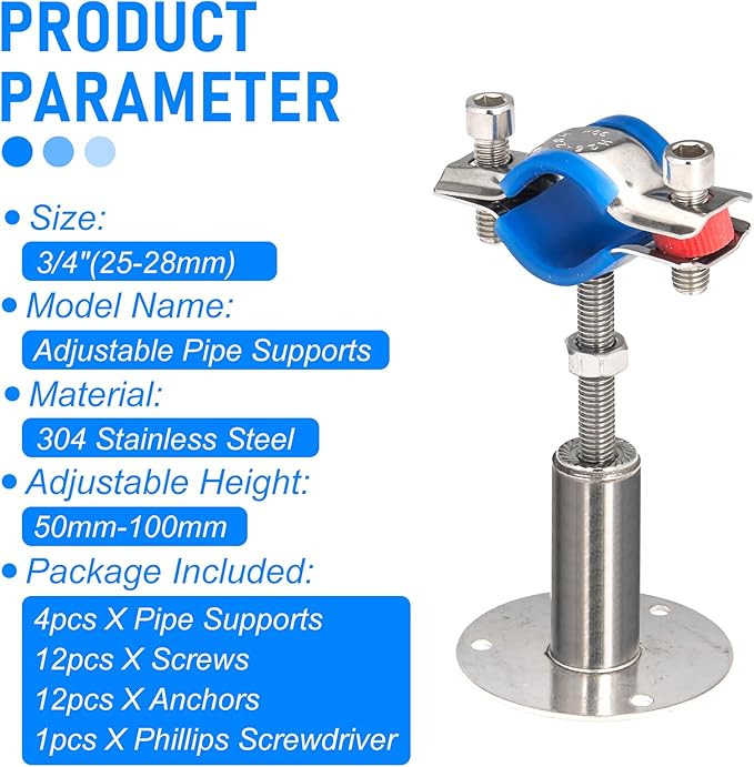 Kodilin 4PCS 304 Stainless Steel Wall Mount Ceiling Mount Pipe Supports,Suitable for OD Pipe 3/4"(25-28mm),Adjustable Height 50-100mm,Adjustable Pipe Strap Clamp with Screws