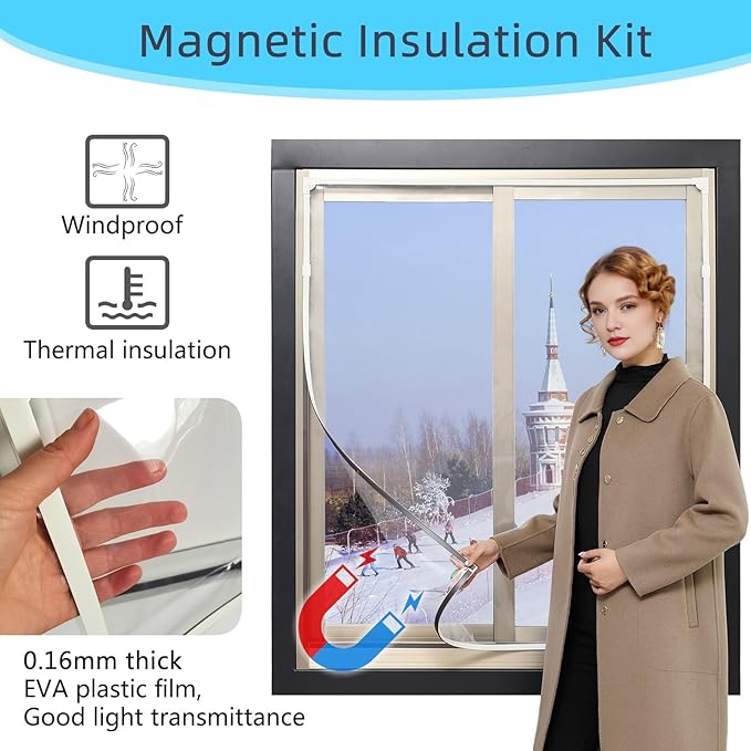 DIY Magnetic Window Insulation Kit 48"x44" Indoor Clear Film for Heat and Cold Winterizing Kit Cuttable Transparent Window Covering