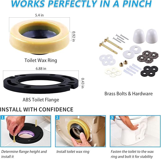Toilet Flange with Wax Ring for Toilets Replacement Kit Includes Bolts PVC Toilet Flange Repair Kit for 3" or 4" Pipes, Fit Toilet Install & Repair