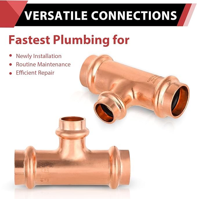 (Pack of 10) EFIELD 3/4" x 3/4" x 1/2" Copper Press Fit Tee For Copper Tube Connection, LBP Design, Heavy Copper Structure,(PRESS018)