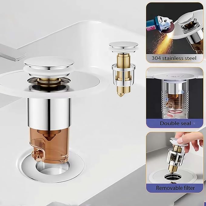 Bathroom Sink Stopper,pop up Sink Drain Stopper,Drain Hair Catcher,3-Layer Odor-Proof 27mm Sink Drain Strainer, 304SS/Brass Core, Universal Fit, Blocks Bugs & Smells.
