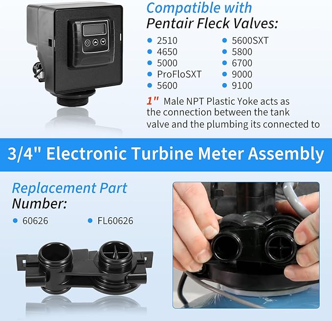 60626 Electronic Turbine Meter Assembly with 1" NPT Plastic Yoke,Compatible with Pentair Fleck 2510,5600SXT,5000,5800,6700,9000,9100 Water Softeners,with Clip,Screw,Flow Meter Cable