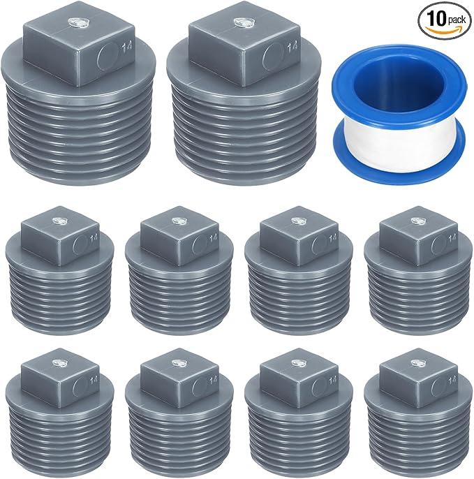 uxcell 10Pcs 3/4 Inch PT Male Thread PVC Pipe Fitting Plug, Cleanout Plugs, Water Drain End Caps Coupling Adapter with Tape for Water Heater Supply Lines, Plumbing, Gray