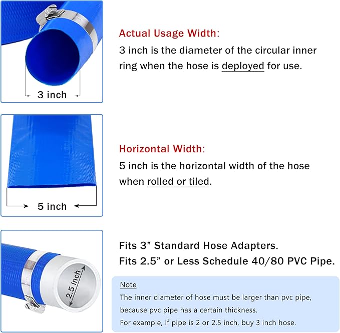 DAVCO 3" x 50 ft Pool Backwash Hose, Heavy Duty Reinforced Blue PVC Lay Flat Water Discharge Pump Hoses For Swimming Drain Pools and Clean Filters,with 1 Clamp