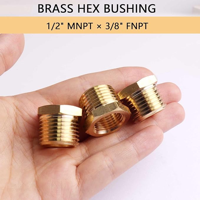 1/2" NPT Male to 3/8" NPT Female Brass Hex Bushing Reducing Bushing Pipe Fitting, Brass Fitting Reducer Adapter 3 Pack
