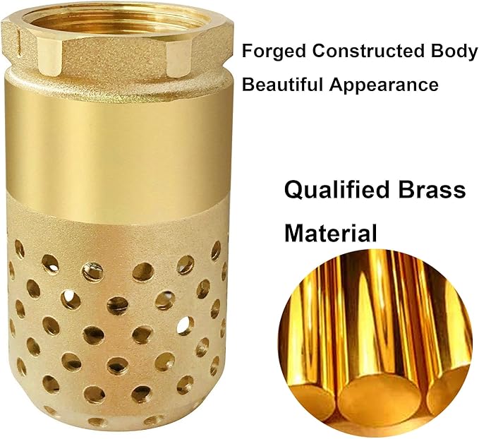 Brass Foot Valve 1 inch NPT Heavy Duty Spring Mesh Check Valve Female Connection One Way Foot Valve Backflow Preventer with Holes Strainer Filter for Well Jet Pumps Foot Valve(1'' NPT)