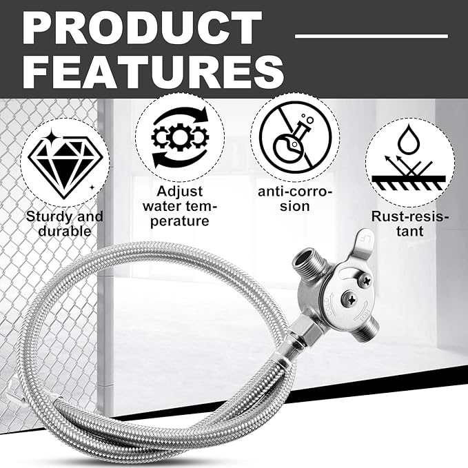 2 Pcs 3/8" Manual Mixing Valve Hot Cold Water Temperature Mixer Thermostatic Mixing Valve for Home and Bathroom Below Deck to Adjust Water Temperature, 4 Braided Faucet Connector Included