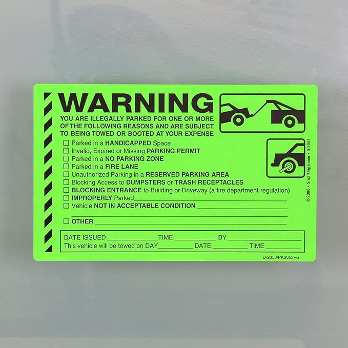 SmartSign Warning You are Illegally Parked Stickers | Book of 50 Labels with Liners, 5 x 8 inch, Tow Warning Parking Violation Sticker, Hard to Remove Write-On Tickets, Fluorescent Green