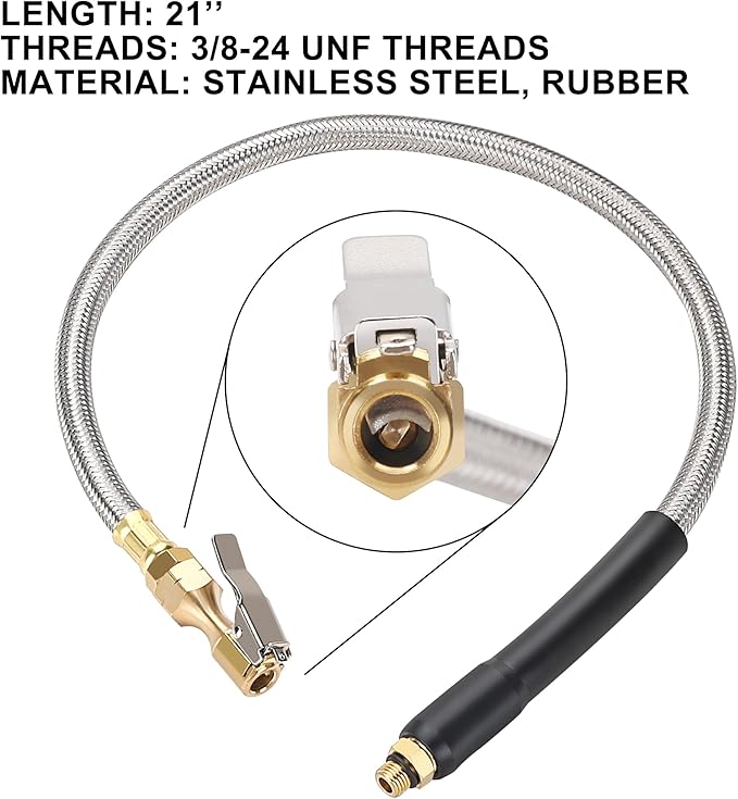 WYNNsky 21’’ Tire Inflator Gauge Hose Replacement, 3/8-24 UNF Threads