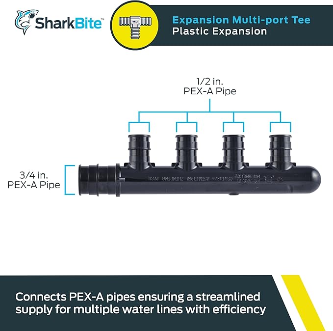 SharkBite 4 Port PEX Expansion Poly Tee, 3/4 Inch Closed Trunk with 1/2 Inch Outlet, Multi Line Water Manifold Plumbing Fittings for PEX-A Tubing, UAMPT4C