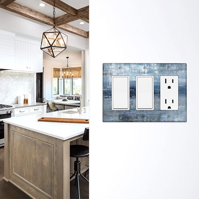 Blue Grey 3-Gang Rocker Light Switch Cover Abstract Art Decorative Wall Plate Cover Modern Electrical Outlet Covers